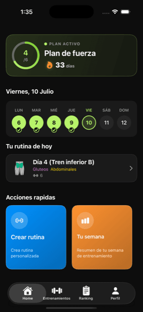 Pantalla de inicio de Prup con el plan activo